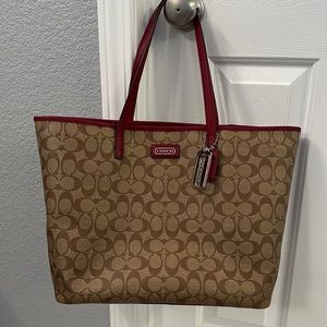 Coach Signature City Tote Coated Canvas and Smooth Leather Handles Brown/Red